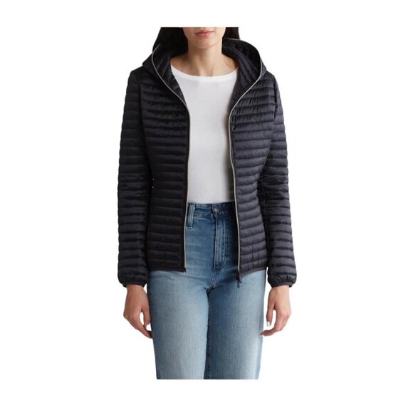 Save The Duck Womens Black Hooded Water Resistant Shiny Puffer Jacket Sz L New - Picture 3 of 15